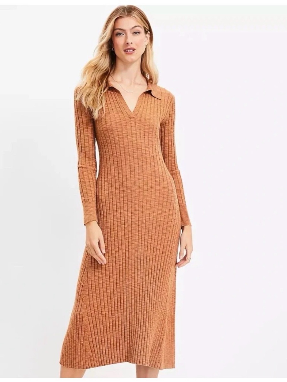 LOFT Brown Ribbed Polo Midi Sweater Dress - Size Large